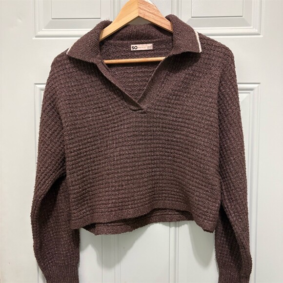SO Sweaters - SO Sweater Womens Size S Brown Cropped Pullover Contrast Trim Collared